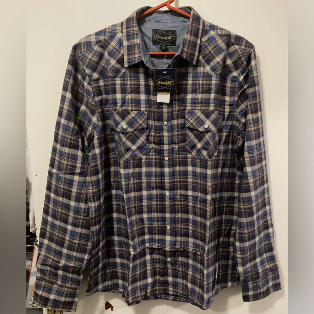 Threadgrit Men's Plaid Casual Button Down Shirt Blue Brown Navy Size Medium